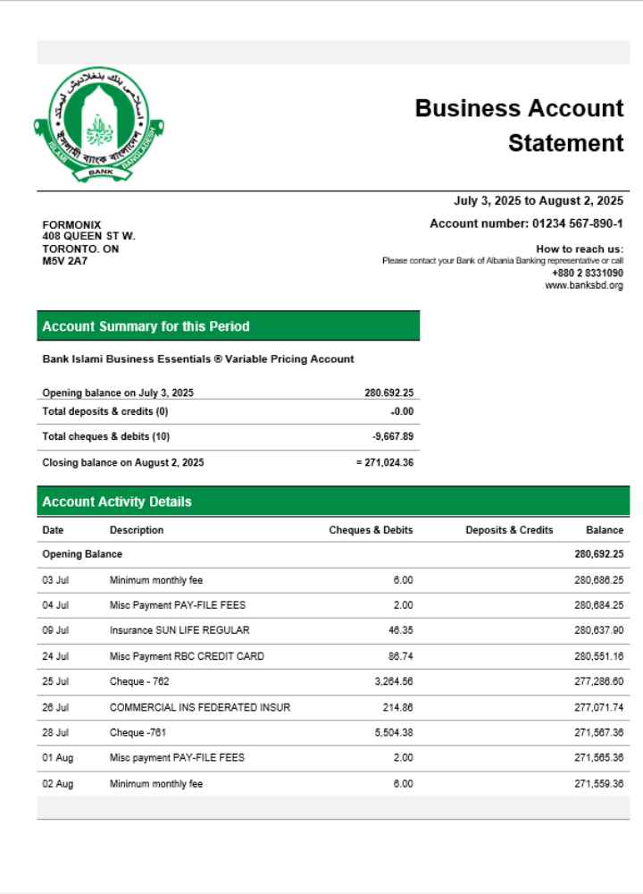 Modèle Word et PDF de relevé de compte d'entreprise Islami